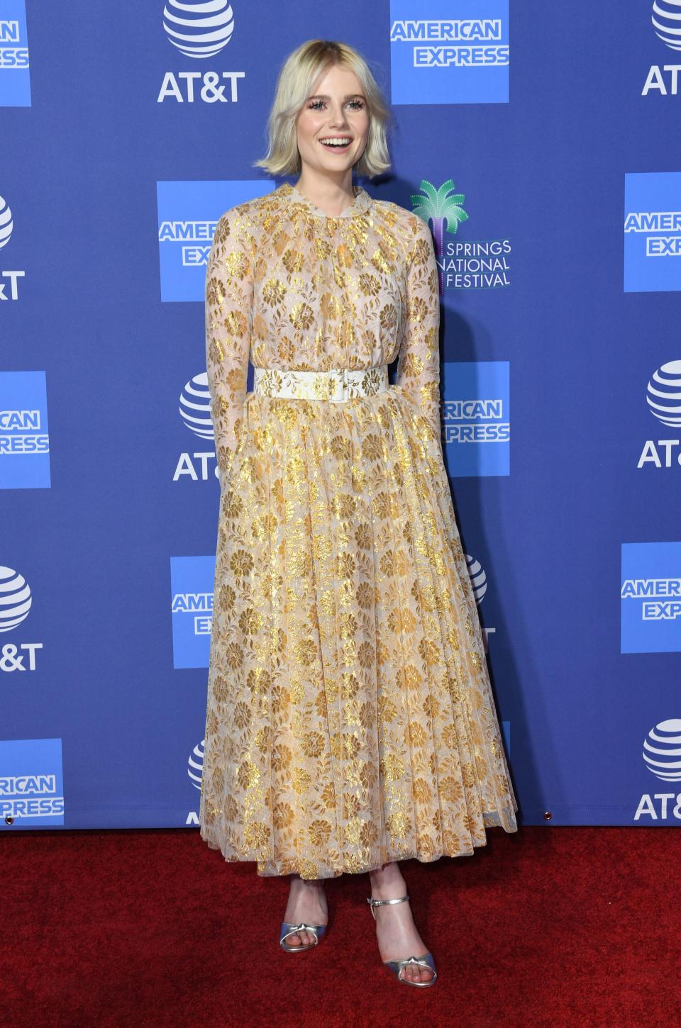 <p>‘Bohemian Rhapsody’ actress Lucy Boynton chose a prim and proper sorbet-hued dress by Emilia Wickstead to grace the red carpet on January 3. <em>[Photo: Getty]</em> </p>