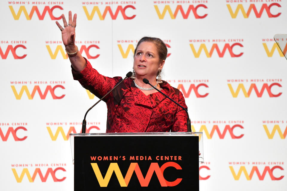 NEW YORK, NY - NOVEMBER 01:  Honoree Abigail Disney speaks onstage during the 2018 Women's Media Awards at Capitale on November 1, 2018 in New York City.  (Photo by Mike Coppola/Getty Images for Women's Media Center)