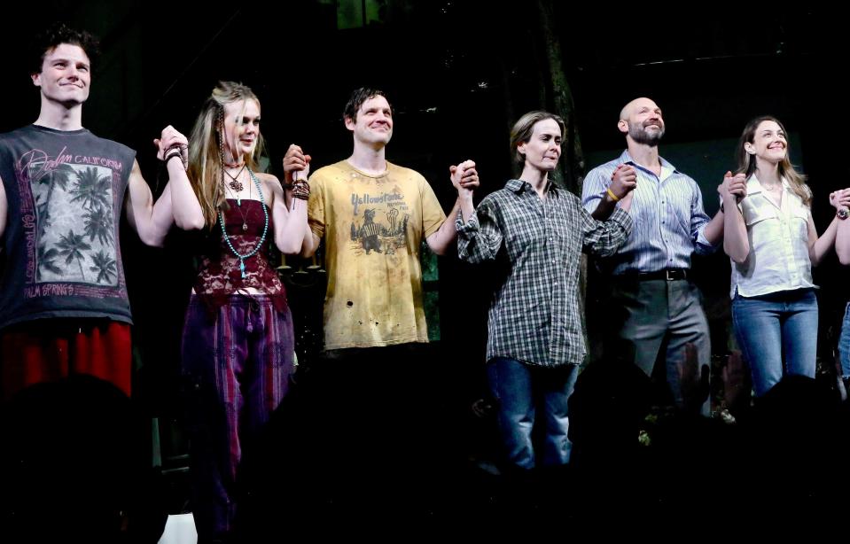 From left: Graham Campbell, Elle Fanning, Michael Esper, Sarah Paulson, Corey Stoll, Natalie Gold, and cast during the opening-night curtain call for *Appropriate* on Broadway at the Hayes Theater on December 18, 2023