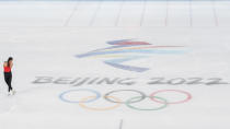Figure skating athlete Nicole Schott of Germany trains at Capital Indoor Stadium at the 2022 Winter Olympics, Wednesday, Feb. 2, 2022, in Beijing. (AP Photo/Bernat Armangue)