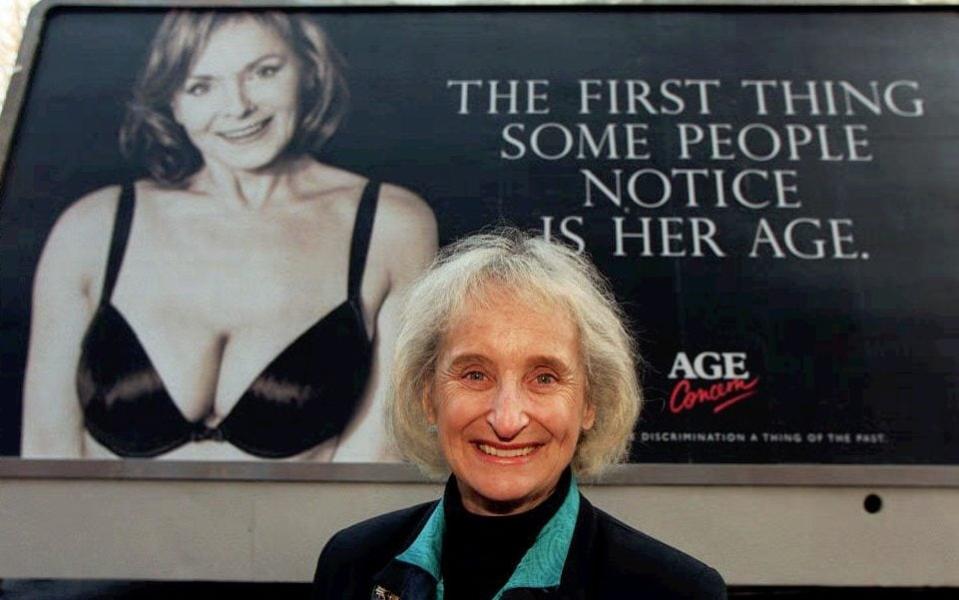 Sally Greengross in 1998 after unveiling an Age Concern poster attacking age discrimination - PA