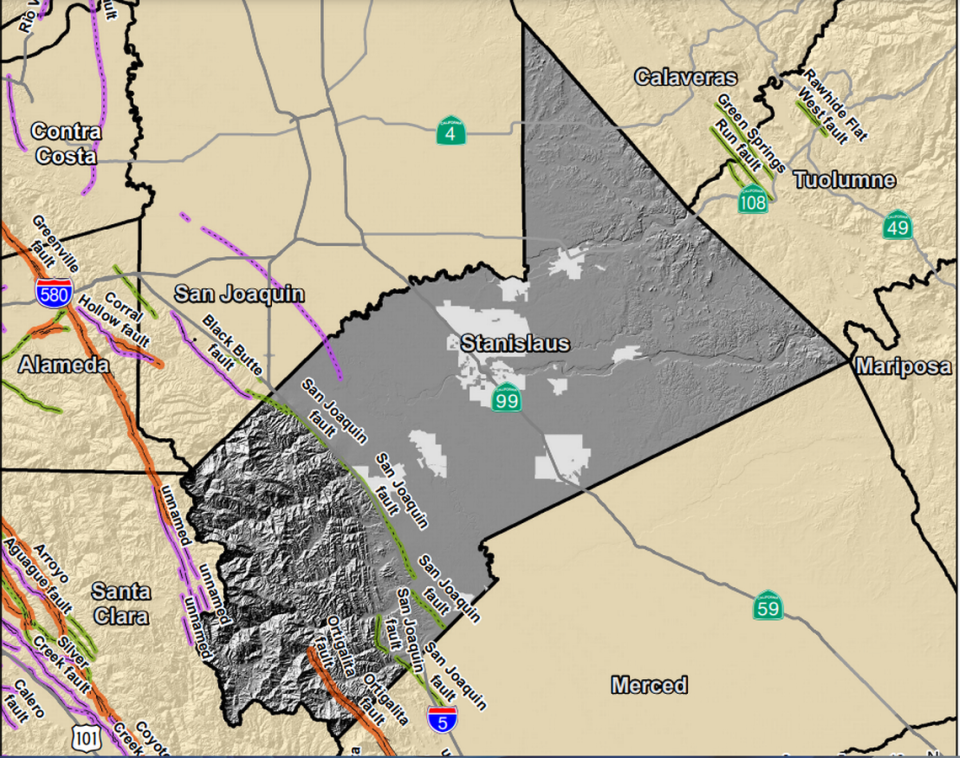 A map of the faults that run through Stanislaus County.