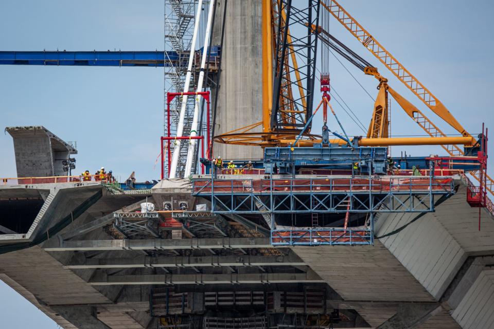 Construction crews work on the south tower of the new Harbor Bridge Project on Sept. 25, 2023, in Corpus Christi, Texas.