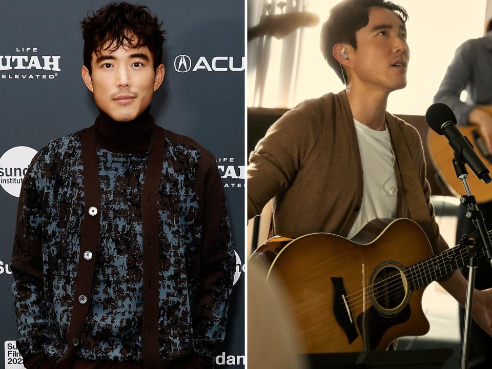 left: justin h. min on a red carpet, his hair styled slightly curled; right: justin h. min as edwin, a worship song leader, in beef