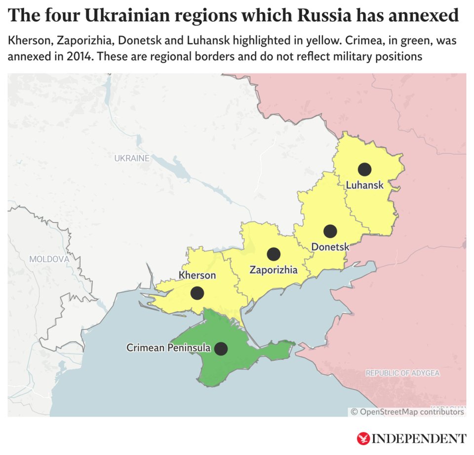 The four Ukrainian regions, in yellow, that Russia annexed in September 2022 (Independent)