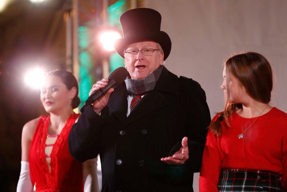 Mayor Ken McClure speaks during the Mayor's Tree Lighting and Holiday Show on Park Central Square in Springfield on Nov. 18, 2023.