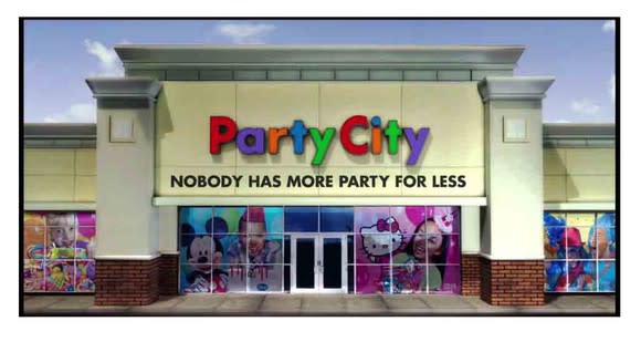 PartyCity store location with various products in window.