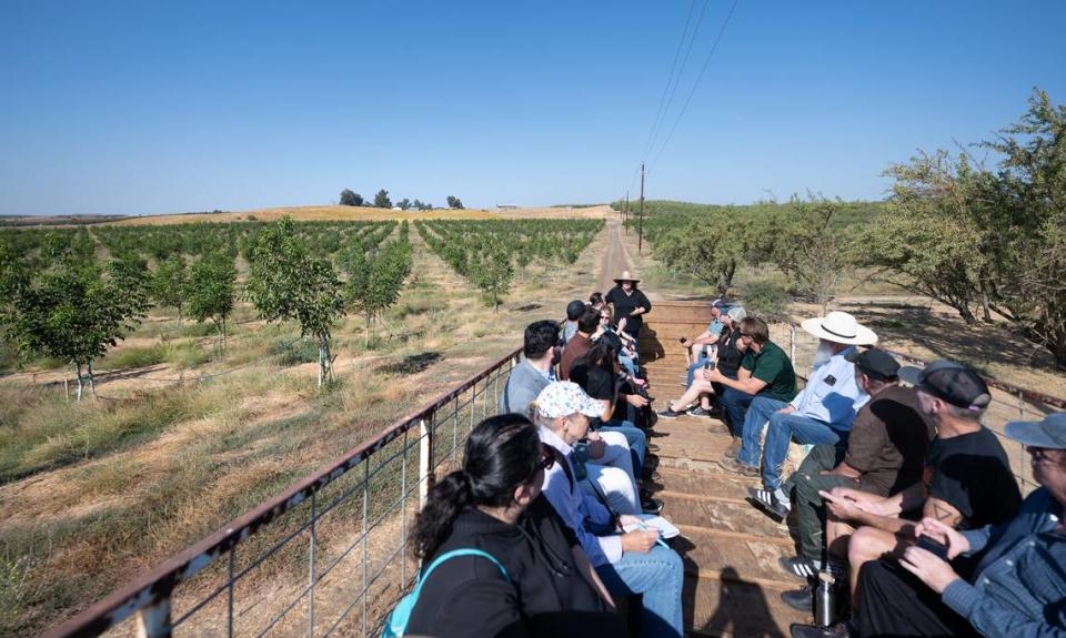Almond farmer Benina Burroughs Montes talks with guests during a tour at Burroughs Family Farms east of Denair, Calif., Tuesday, Sept. 19, 2023.