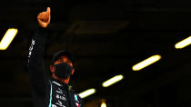 SOCHI, RUSSIA - SEPTEMBER 26: Pole position qualifier Lewis Hamilton of Great Britain and Mercedes GP celebrates in parc ferme during qualifying ahead of the F1 Grand Prix of Russia at Sochi Autodrom on September 26, 2020 in Sochi, Russia. (Photo by Dan Istitene - Formula 1/Formula 1 via Getty Images)