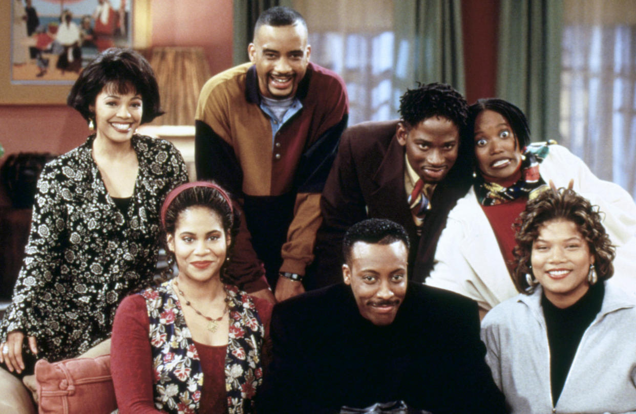 Erika Alexander,  Kim Coles, John Henton, Arsenio Hall, T.C. Carson, Kim Fields, Kim Coles and Queen Latifah (Warner Bros. courtesy Everett Collection)