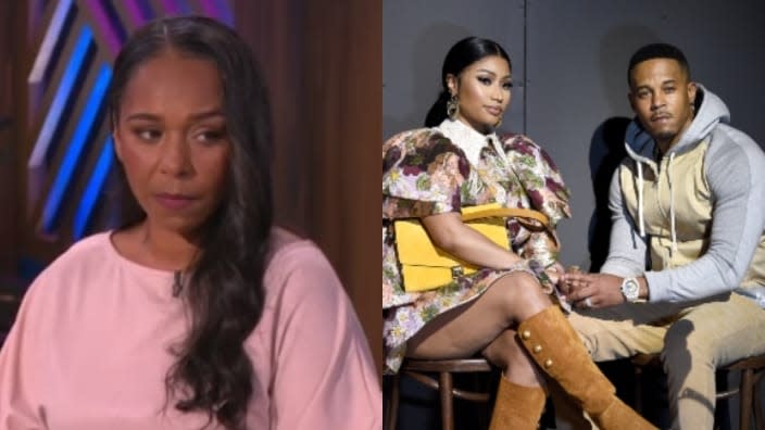 Jennifer Hough appeared on “The Real” Wednesday (left) with her lawyer and talked about Nicki Minaj and Kenneth Petty (right) allegedly harassing her. (Photos: Warner Bros. and Dimitrios Kambouris/Getty Images)