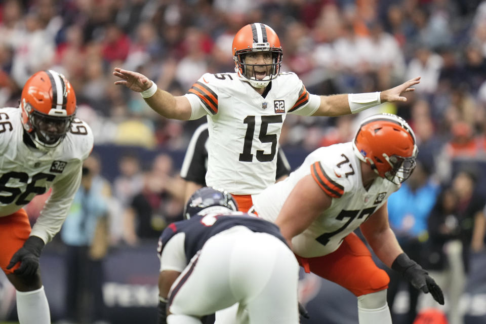 FILE - Cleveland Browns quarterback Joe Flacco (15) motions during the second half of an NFL football game against the Houston Texans, Sunday, Dec. 24, 2023, in Houston. (AP Photo/Eric Christian Smith, File)