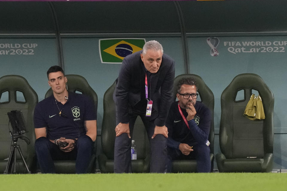 Brazil's head coach Tite looks on during the World Cup quarterfinal soccer match between Croatia and Brazil, at the Education City Stadium in Al Rayyan, Qatar, Friday, Dec. 9, 2022. (AP Photo/Frank Augstein)