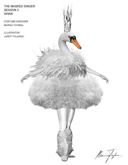 Swan. Sketch from "The Masked Singer" Season 3. Costume designer is Marina Toybina. Illustrator: by Jarett Fajardo. FOR UPCOMING ENVELOPE STORY.