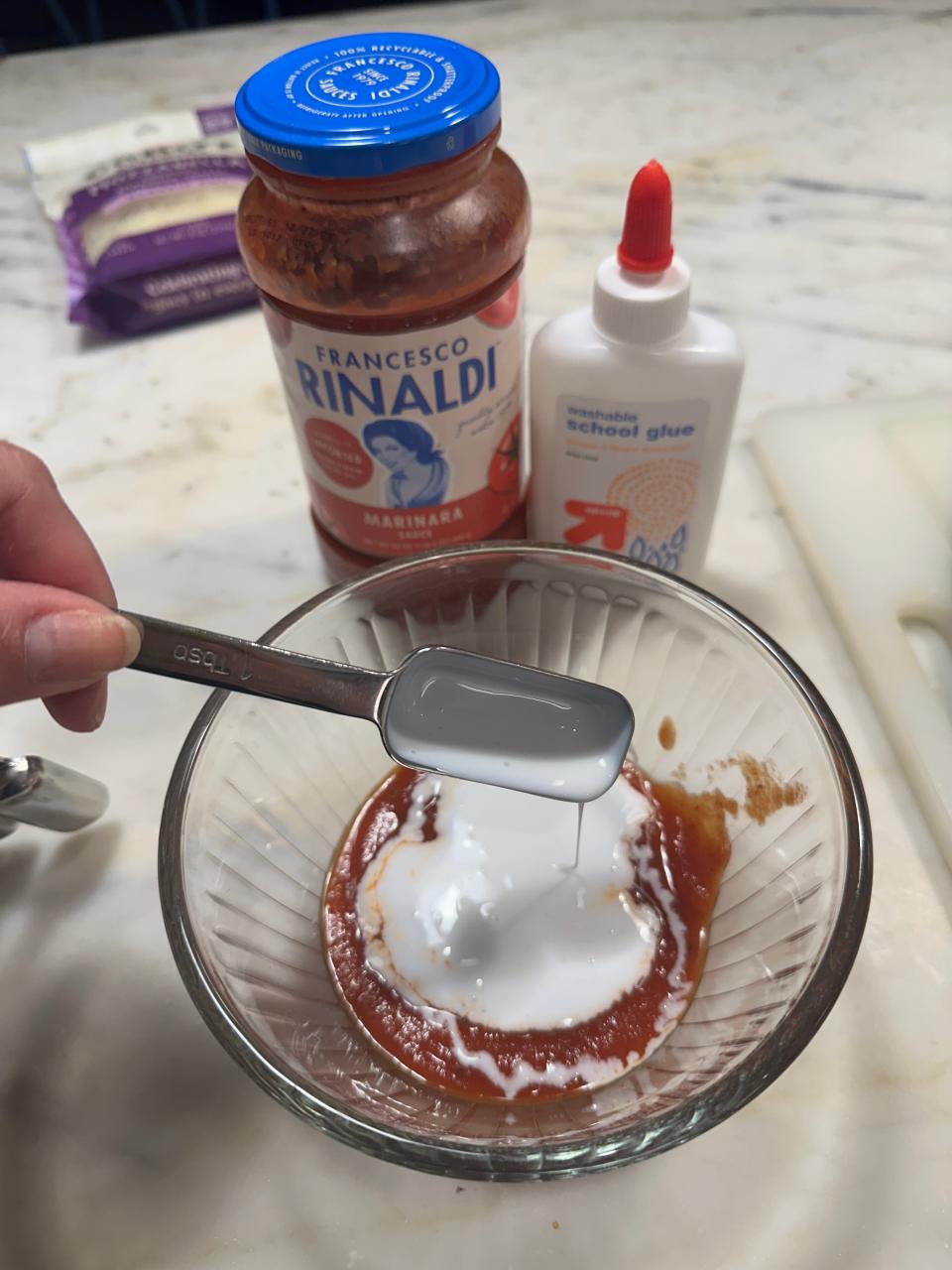 mixing glue into sauce