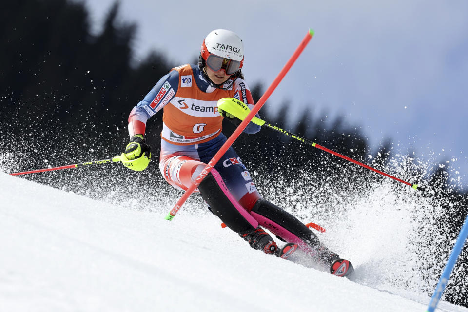 Croatia's Zrinka Ljutic competes during the first run of an alpine ski, women's World Cup slalom race, in Saalbach, Austria, Saturday, March 16, 2024. (AP Photo/Marco Trovati)