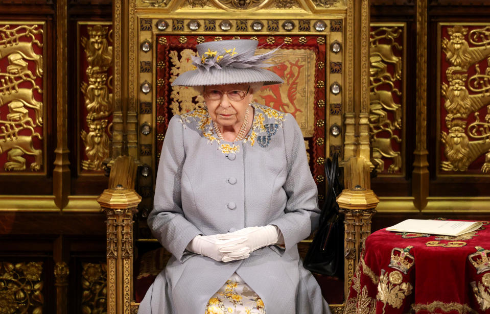 LONDON, ENGLAND - MAY 11:  Queen Elizabeth II ahead of the Queen's Speech in the House of Lord's Chamber during the State Opening of Parliament at the House of Lords on May 11, 2021 in London, England. (Photo by Chris Jackson - WPA Pool/Getty Images)