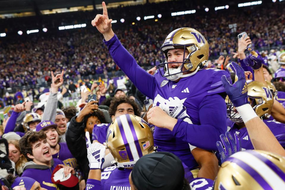 Washington Huskies place kicker Grady Gross (95) celebrates after making a game-winning field goal against the Washington State Cougars during the fourth quarter at Alaska Airlines Field at Husky Stadium in Seattle on Nov. 25, 2023.