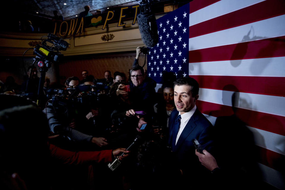 Democratic presidential candidate former South Bend, Ind., Mayor Pete Buttigieg speaks to members of the media at a campaign stop at Hotel Winneshiek, Thursday, Jan. 30, 2020, in Decorah, Iowa. (AP Photo/Andrew Harnik)