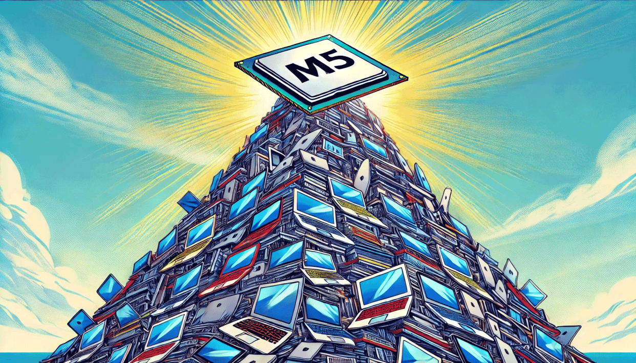  Comic book-style image of a mountain made of Apple MacBook Pro laptops with a giant M5 chip at the summit. 