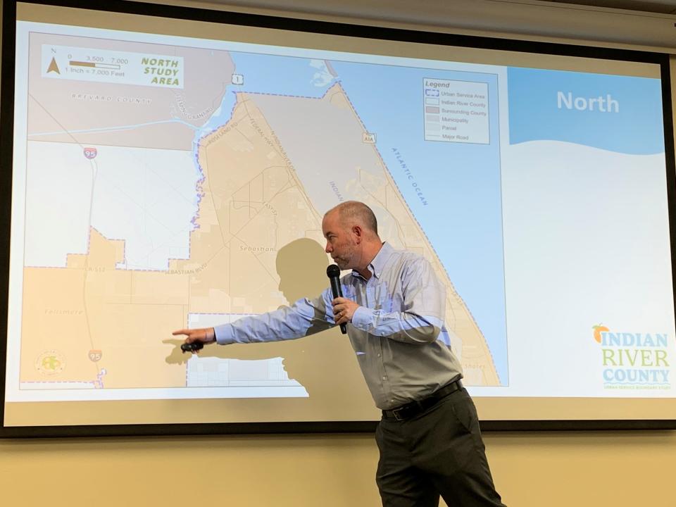 Eric Raasch, principal with Inspire Placemaking Collective, an Indian River County consultant, points to developable land in the city of Fellsmere during a meeting on the county's urban services boundary Wednesday, May 8, 2024, at the North County Library in Sebastian.