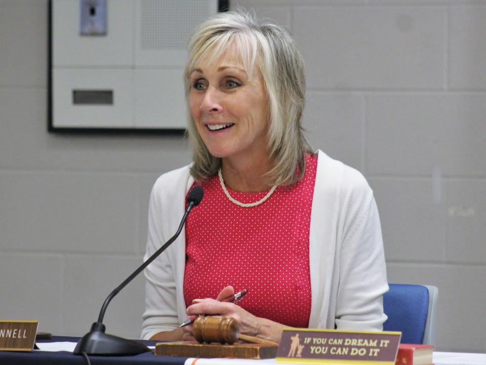 Taunton Mayor Shaunna O'Connell speaks during an Aug. 2, 2023 school committee meeting commemorating the Taunton High School baseball and softball state championship titles.