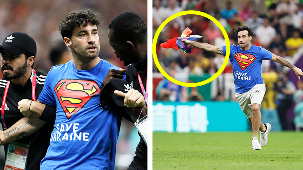 Pitch Invader with Rainbow Flag Interrupts World Cup Match