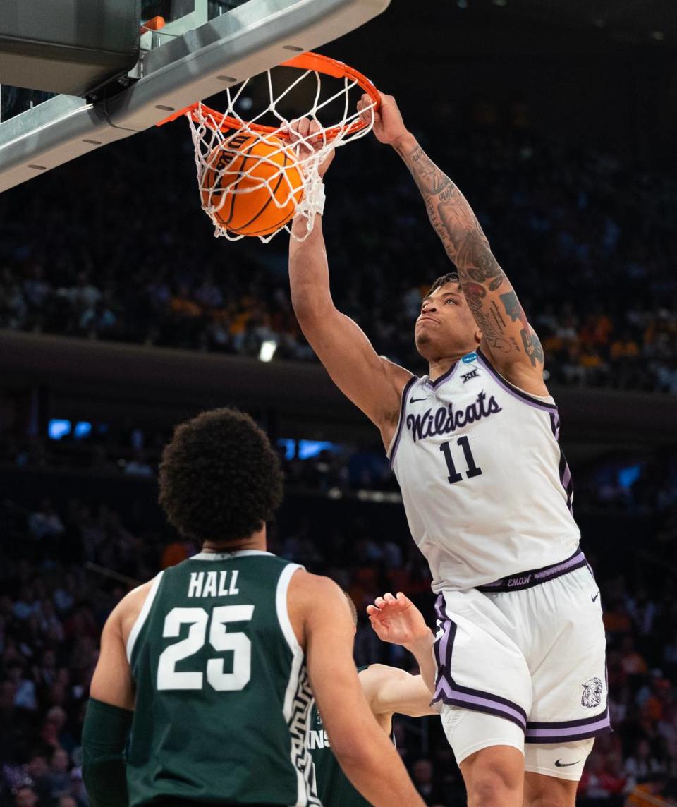 Kansas State’s Keyontae Johnson dunks the ball during the second half of their east region semifinal game against Michigan State at Madison Square Garden on Thursday night.