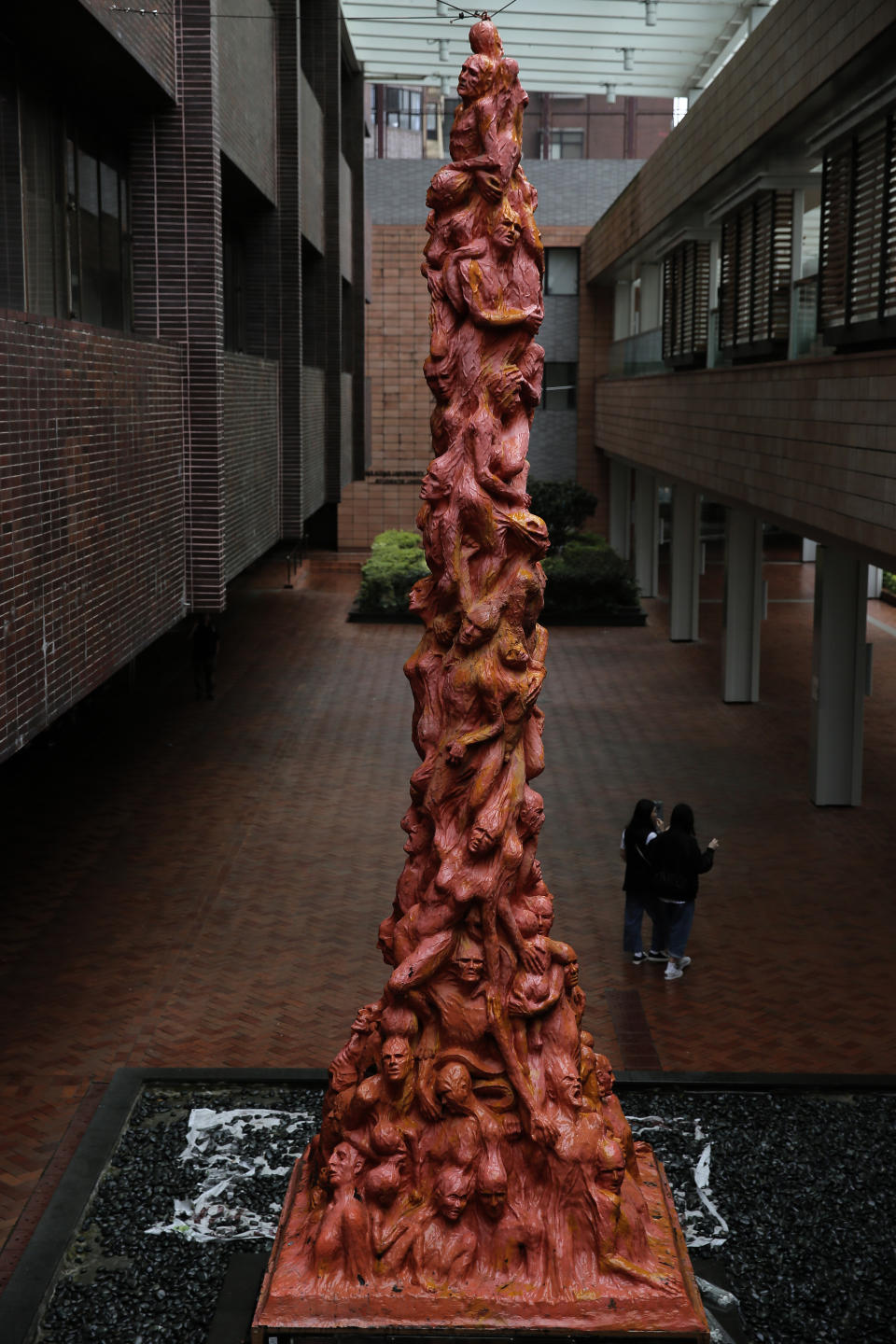 FILE - In this May 5, 2019, file photo, the "Pillar of Shame" statue, a memorial for those killed in the 1989 Tiananmen crackdown, is displayed at the University of Hong Kong. Danish artist Jens Galschioet is seeking to get back his sculpture in Hong Kong memorializing the victims of China's 1989 Tiananmen Square crackdown as a deadline loomed for its removal Wednesday, Oct. 13, 2021. (AP Photo/Vincent Yu, File)