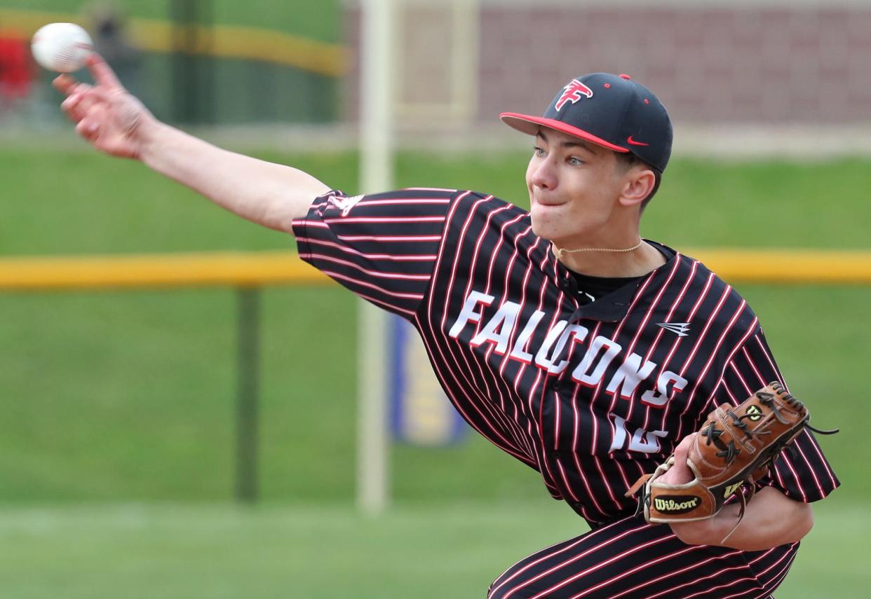 Field starting pitcher Landon Homan pitches against Streetsboro during their game at Streetsboro High School on Tuesday, April 23, 2024 in Streetsboro.