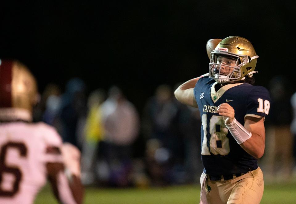 Cathedral quarterback Danny O'neil (18) throws a pass Friday, Oct. 7, 2022, in Indianapolis. 