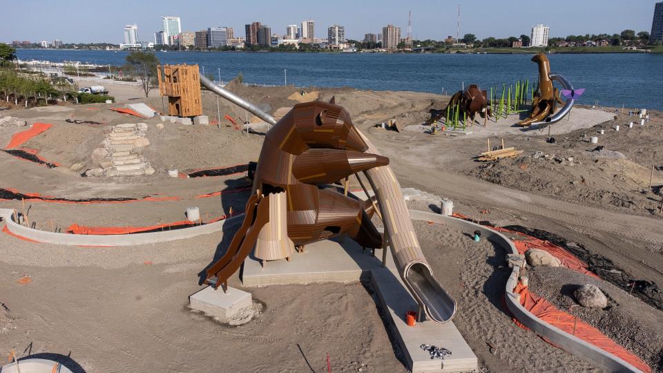 The new 20-foot bear slide can be seen in this aerial view of the Ralph C. Wilson Jr. Centennial Park development on the Detroit riverfront on Tuesday, May 21, 2024.