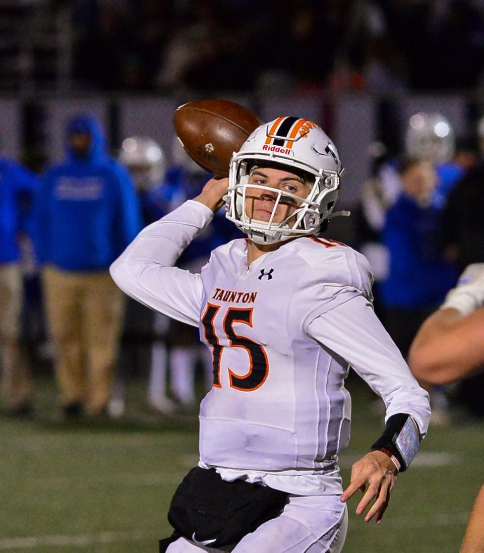 Taunton’s Jacob Leonard attempts a pass during Friday’s game against Attleboro.