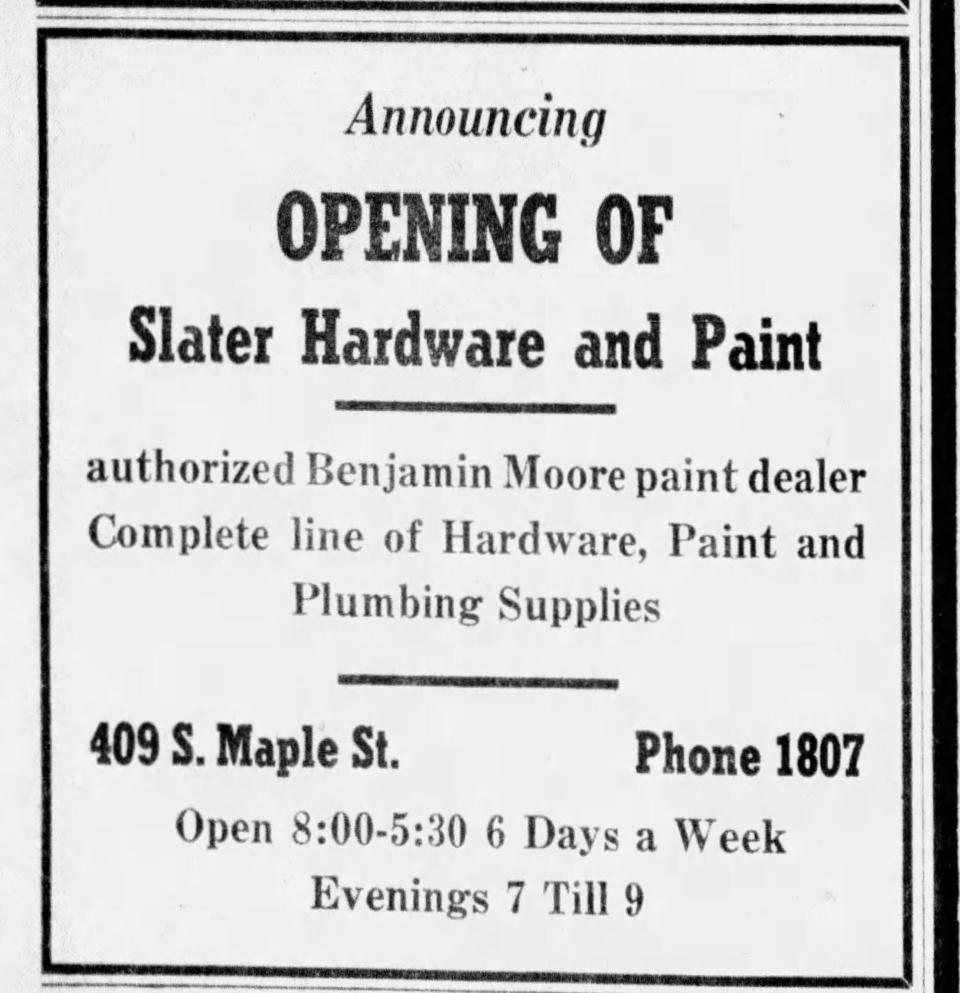 An advertisement for Slaters Hardware from the Eagle-Gazette archive.