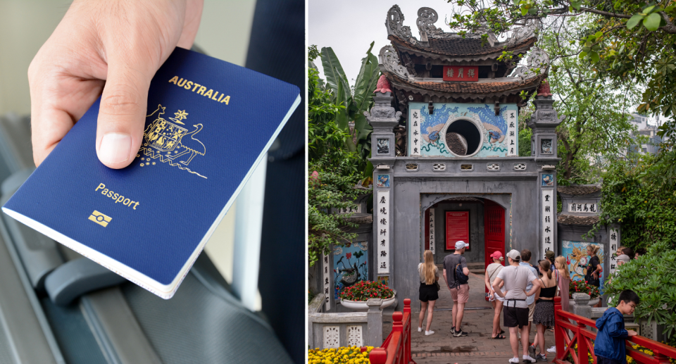 Image of person holding Australian passport on left. Image of tourists in Vietnam on right.