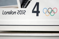 A general view of the London 2012 sign and Olympic rings on the side of a boat on Day 6 of the London 2012 Olympic Games at Eton Dorney on August 2, 2012 in Windsor, England. (Photo by Jamie Squire/Getty Images)