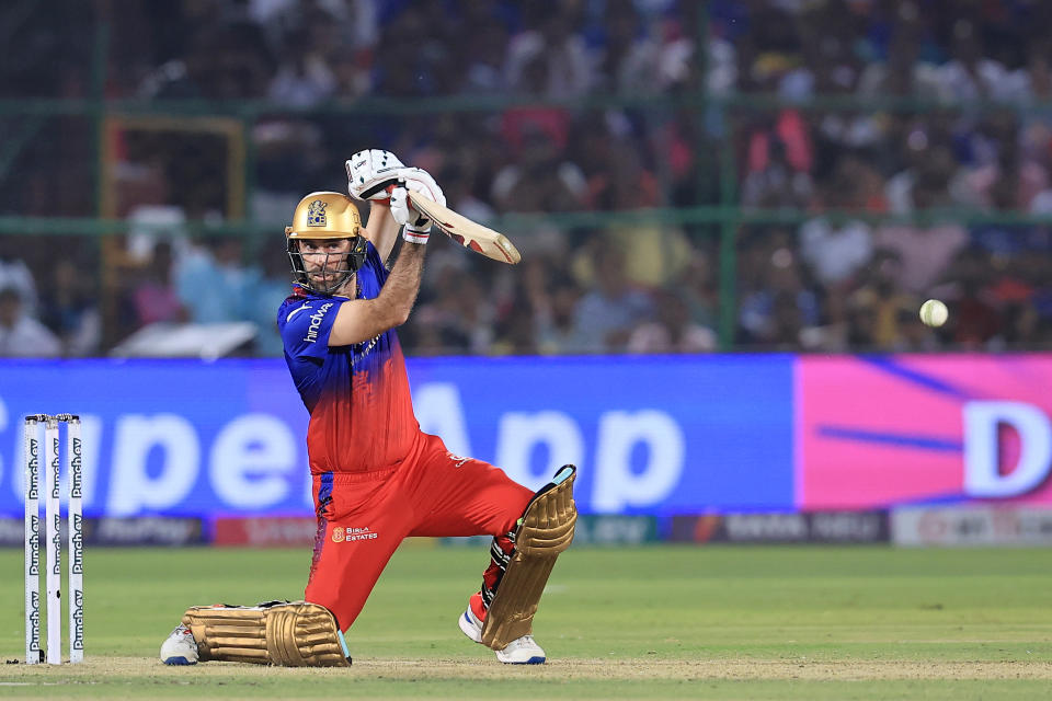 Glenn Maxwell of Royal Challengers Bengaluru is playing a shot during the Indian Premier League (IPL) 2024 T20 cricket match between Rajasthan Royals and Royal Challengers Bengaluru at Sawai Mansingh Stadium in Jaipur, Rajasthan, India, on April 6, 2024. (Photo by Vishal Bhatnagar/NurPhoto via Getty Images)