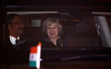 Britain's Prime Minister Theresa May sits in her car after her arrival at the airport in New Delhi, India, November 6, 2016. REUTERS/Adnan Abidi