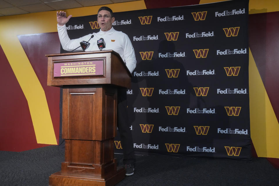 Washington Commanders head coach Ron Rivera speaking during a news conference after an NFL football game against the San Francisco 49ers, Sunday, Dec. 31, 2023, in Landover, Md. San Francisco won 27-10. (AP Photo/Mark Schiefelbein)