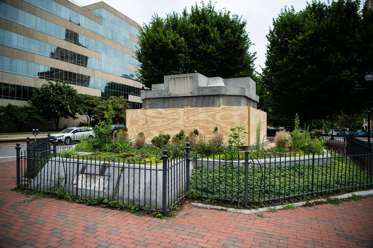 Wooden barricades have been added to the base of Vance Monument.