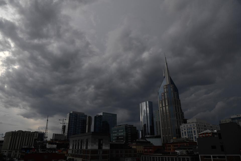 A storm front approaches downtown Nashville which spawned at least one tornado north of the city Saturday evening, Dec. 9, 2023.