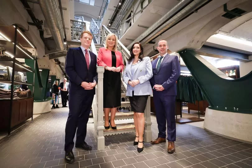 US Special Economic Envoy Joe Kennedy, First Minister Michelle O'Neill, deputy First Minister Emma Little Pengelly, John Kelly, CEO Belfast Distillery Company