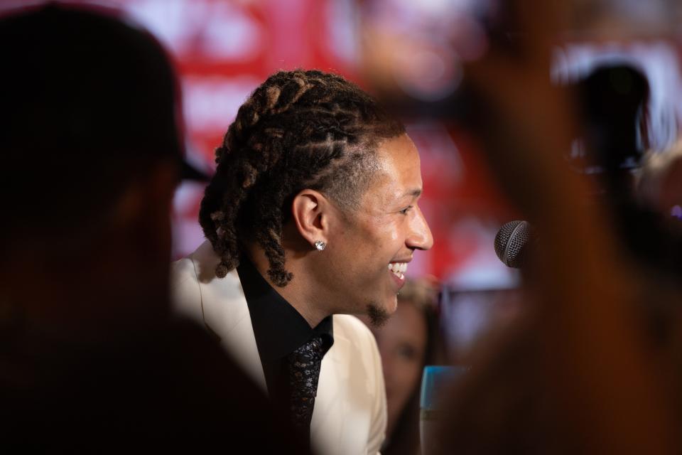 Jul 16, 2024; Dallas, TX, USA; Oklahoma defensive back Billy Bowman Jr. speaking at Omni Dallas Hotel. Mandatory Credit: Brett Patzke-USA TODAY Sports