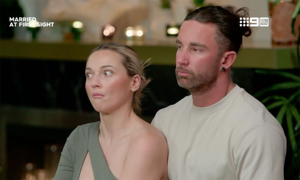 MAFS’ Tori Adams and Jack Dunkley looking surprised.