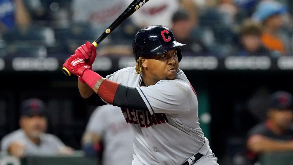 Cleveland's Jose Ramirez bats during the first inning of a baseball game against the Kansas City Royals Wednesday, Sept. 29, 2021, in Kansas City, Mo. (AP Photo/Charlie Riedel)