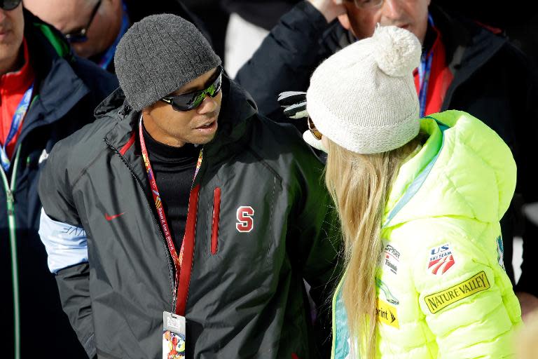 Tiger Woods with girlfriend Lindsey Vonn in Beaver Creek, Colorado on February 12, 2015 after Vonn had competed in the giant slalom at the alpine skiing World Championships