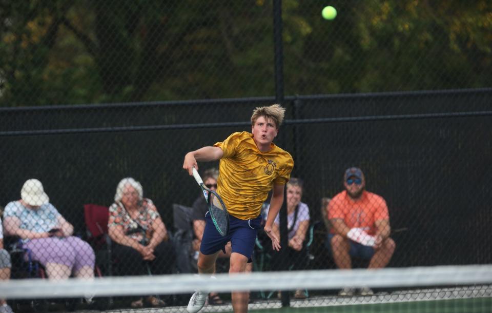 Delta boys tennis' Dalton Royal in the team's regional championship matchup against host Noblesville on Wednesday, October 4, 2023.