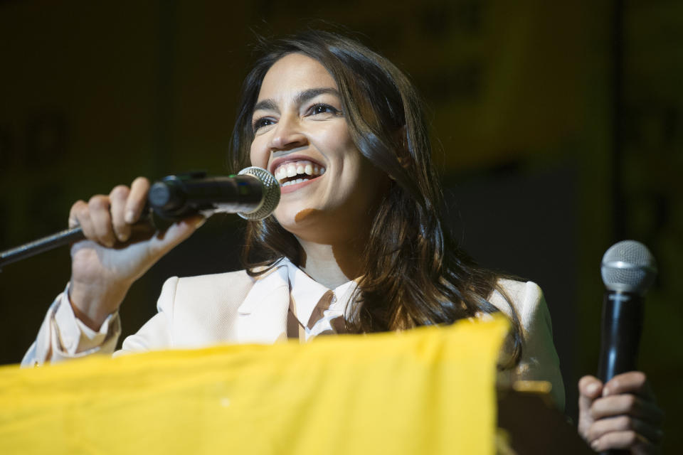 Rep. Alexandria Ocasio-Cortez, D-N.Y., addresses a Green New Deal event at Howard University in Washington, D.C., on May 13. (AP Photo/Cliff Owen)