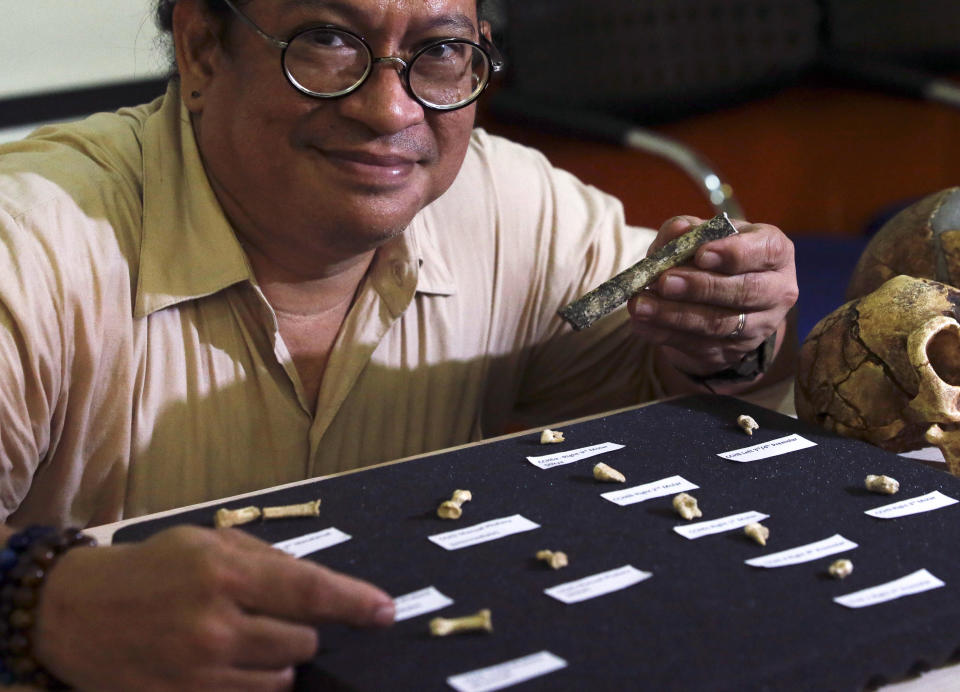 Filipino archeologist Armand Salvador Mijares shows bones and teeth they recovered from Callao Cave belonging to a new specie they called Homo luzonensis during a press conference in metropolitan Manila, Philippines on Thursday, April 11, 2019. Fossil bones and teeth found in Cagayan province, northern Philippines, have revealed a long-lost cousin of modern people, which evidently lived around the time our own species was spreading to Africa to occupy the rest of the world. (AP Photo/Aaron Favila)