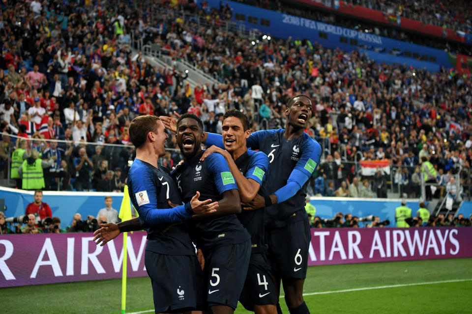<p>Samuel Umtiti of France celebrates with team mates after scoring his team’s first goal during the 2018 FIFA World Cup Russia Semi Final match between Belgium and France at Saint Petersburg Stadium on July 10, 2018 in Saint Petersburg, Russia. (Photo by Shaun Botterill/Getty Images) </p>